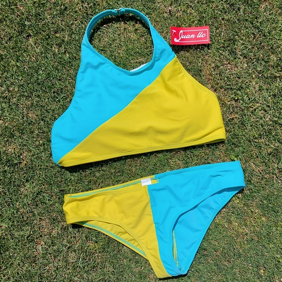 Juan Uc Womens Neon Bright Teal & Green Halter Two Piece Swimsuit Medium - Picture 1 of 5